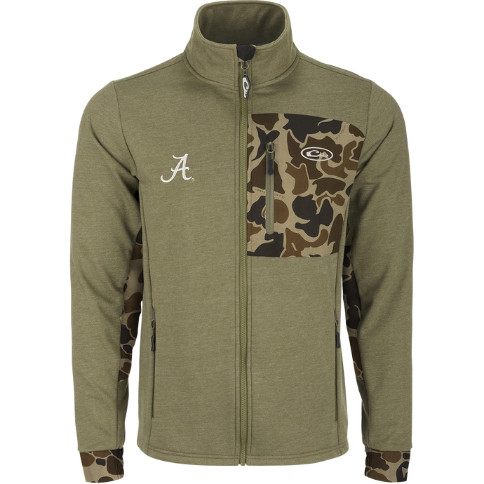 Alabama Hybrid Windproof Jacket: Mid-weight, two-tone jacket with camouflage design. Windproof laminate and fleece lining for warmth. Functional left chest pocket and zippered slash pockets. Perfect for cool days, game day, and outdoor activities.