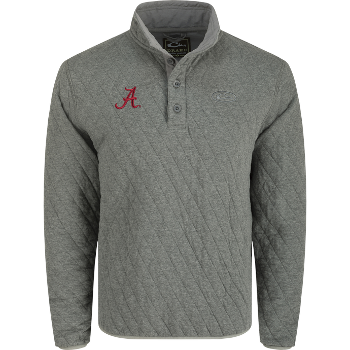 Alabama Delta Quilted 1/4 Snap Sweatshirt featuring team logo embroidery, 100% brushed BCI Cotton shell, and Polyester Fill Diamond Quilting for warmth. Ideal for outdoor activities.