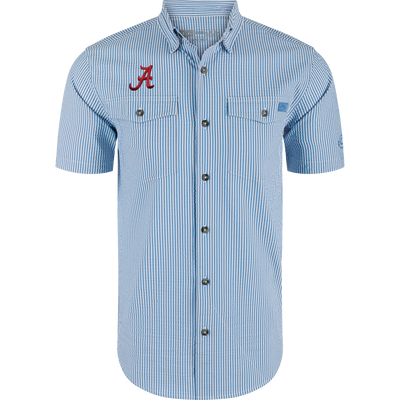 Alabama Frat Seersucker Short Sleeve Shirt with vertical stripes, two flap chest pockets, embroidered logo, hidden button-down collar, vented back, and sculpted hem for game day comfort.