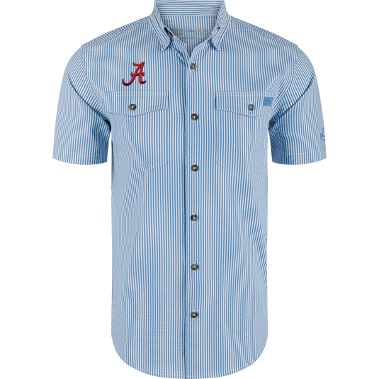 Alabama Frat Seersucker Short Sleeve Shirt with vertical stripes, two flap chest pockets, embroidered logo, hidden button-down collar, vented back, and sculpted hem for game day comfort.