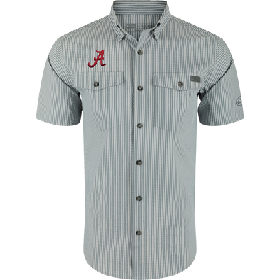 Alabama Frat Seersucker Short Sleeve Shirt featuring light gray and white stripes, red Alabama logo, two chest pockets, vented back, and a hidden button-down collar.