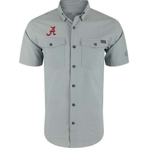 Alabama Frat Seersucker Short Sleeve Shirt featuring light gray and white stripes, red Alabama logo, two chest pockets, vented back, and a hidden button-down collar.