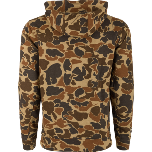 Alabama Three End Hoodie in camo print, featuring a lined hood with drawstring, kangaroo pocket, and ribbed cuffs and hem, ideal for outdoor activities.