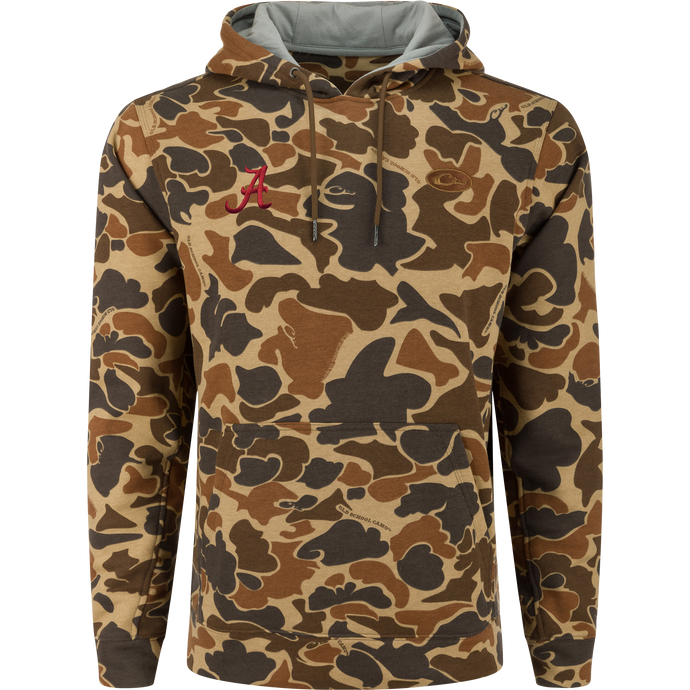 Alabama Three End Hoodie featuring an old-school camouflage pattern, kangaroo pocket, lined hood with drawstrings, and red A logo on the chest. Ideal for hunting.