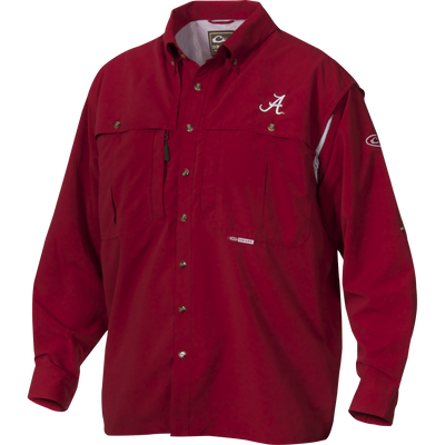 Alabama Wingshooter's Shirt L/S with snap buttons, mesh-lined vents, oversized pockets, and Alabama logo, designed for breathability and functionality in outdoor settings.