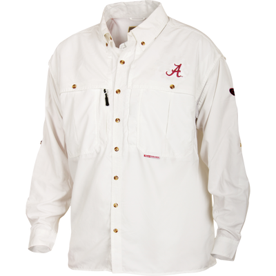 Alabama Wingshooter's Shirt L/S with stand-up collar, gold-tone buttons, and chest pockets; features University of Alabama logo and Drake branding for functional, breathable wear.
