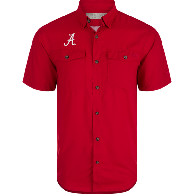 Alabama Frat Dobby Solid Short Sleeve Shirt with hidden collar, vented back, and chest pockets. Lightweight, moisture-wicking fabric with UPF30.