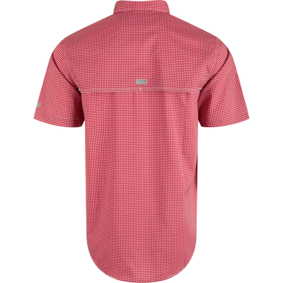 Alabama Frat Gingham shirt with hidden collar, chest pockets, and vented cape back. Lightweight, moisture-wicking fabric with UPF30.