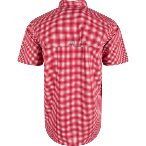 Alabama Frat Gingham shirt with hidden collar, chest pockets, and vented cape back. Lightweight, moisture-wicking fabric with UPF30.