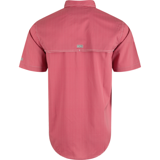 Alabama Frat Gingham shirt with hidden collar, chest pockets, and vented cape back. Lightweight, moisture-wicking fabric with UPF30.