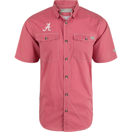 Alabama Frat Gingham shirt with red and white checkered pattern, hidden button-down collar, and vented cape back.