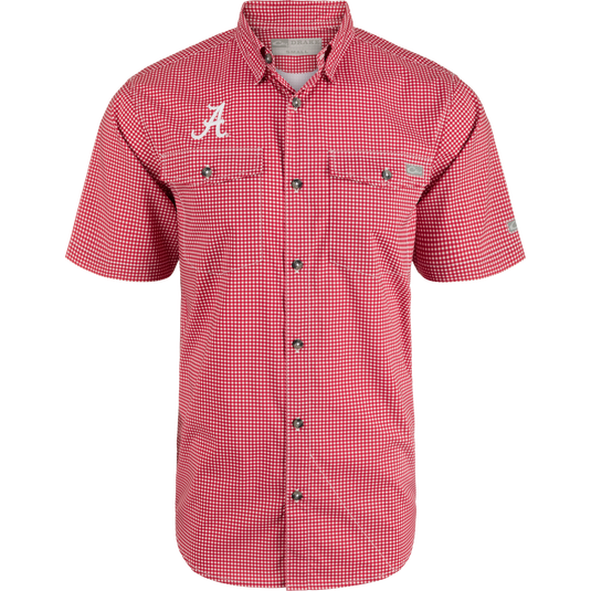 Alabama Frat Gingham shirt with red and white checkered pattern, hidden button-down collar, and vented cape back.