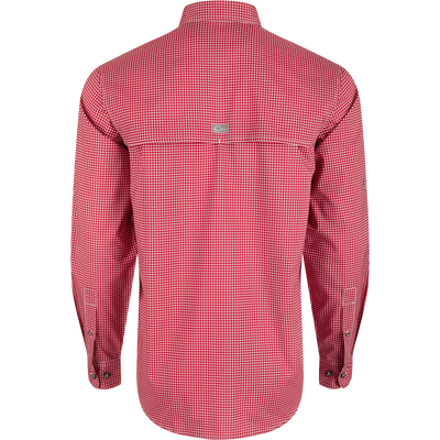 Alabama Frat Gingham Long Sleeve Shirt, a classic fit with hidden button-down collar, vented cape back, and adjustable roll-up sleeves.