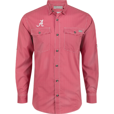 Alabama Frat Gingham Long Sleeve Shirt, a classic fit with hidden collar, chest pockets, and vented cape back.