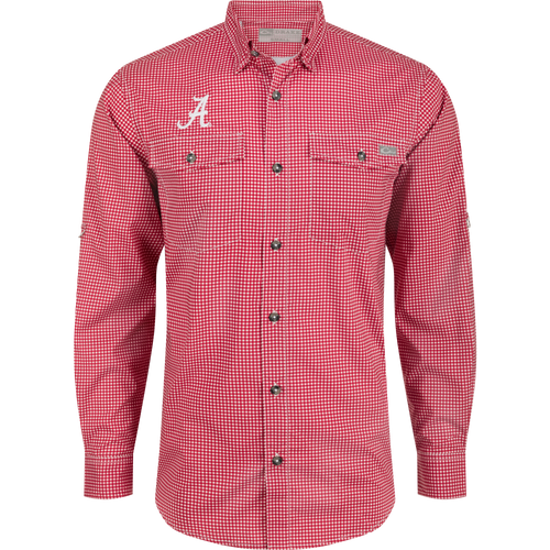 Alabama Frat Gingham Long Sleeve Shirt, a classic fit with hidden collar, chest pockets, and vented cape back.
