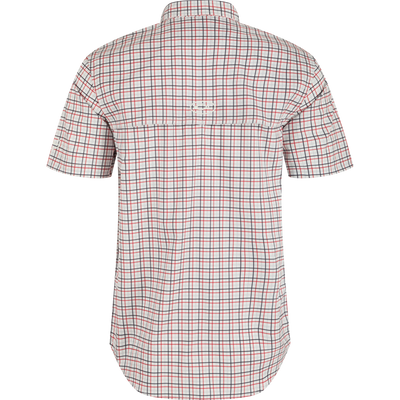 Alabama Frat Tattersall Short Sleeve Shirt, a plaid shirt with hidden collar, chest pockets, and vented cape back. Lightweight, stretchy, and moisture-wicking fabric.