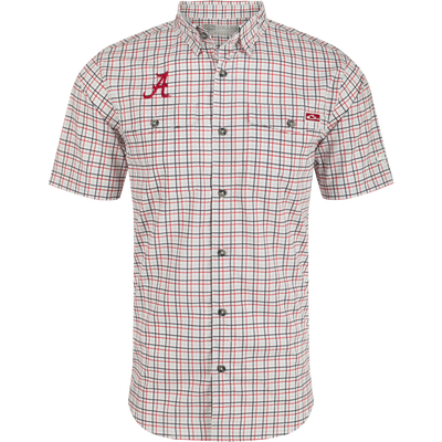 Alabama Frat Tattersall Short Sleeve Shirt, a plaid shirt with hidden button-down collar, chest pockets, and vented cape back.