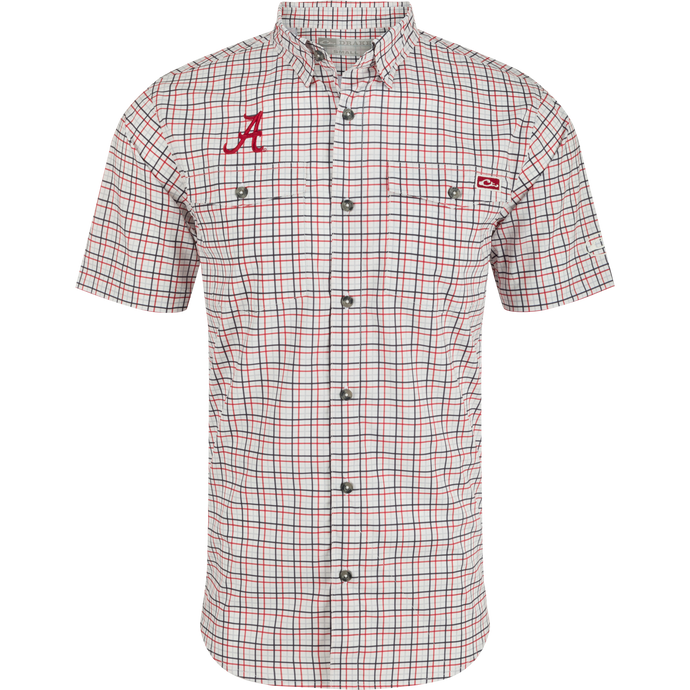 Alabama Frat Tattersall Short Sleeve Shirt, a plaid shirt with hidden button-down collar, chest pockets, and vented cape back.