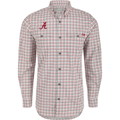 Alabama Frat Tattersall Long Sleeve Shirt, a lightweight, moisture-wicking top with hidden collar, chest pockets, and adjustable sleeves.