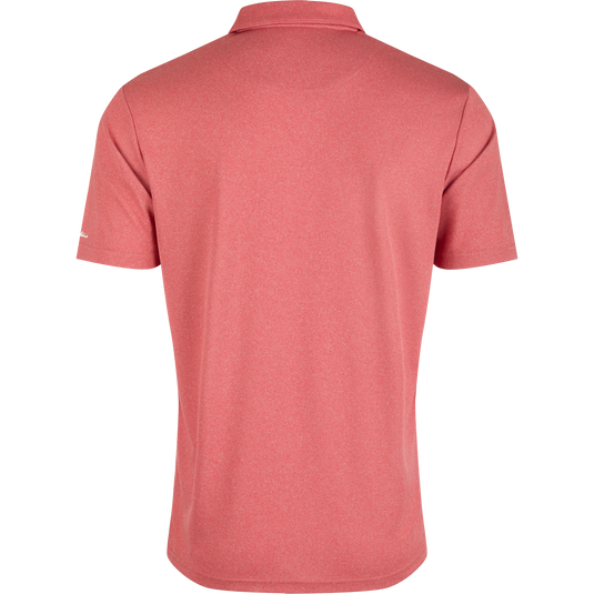 Alabama Vintage Heather Polo, a red shirt on a mannequin. Four-way stretch, moisture-wicking, and breathable. Vintage heather finish. Official Alabama logo on left chest.
