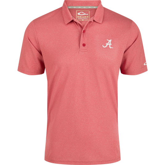 A red polo shirt featuring the official Alabama logo on the left chest. Four-way stretch and vintage heather finish for comfort and style. Perfect for Crimson Tide fans.