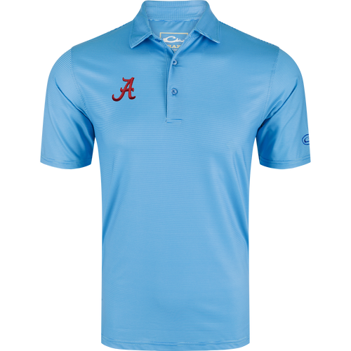 Alabama Chalk Stripe Polo with crimson A logo, featuring a collared design, three-button placket, and fine stripes, ideal for gameday or office wear.