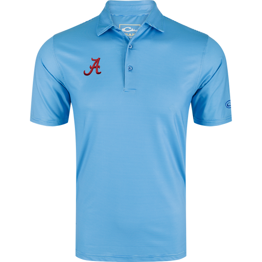 Alabama Chalk Stripe Polo with crimson A logo, featuring a collared design, three-button placket, and fine stripes, ideal for gameday or office wear.