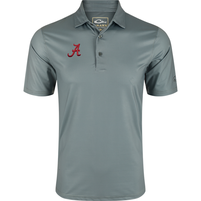Men’s Alabama Chalk Stripe Polo with a three-button placket, fold-over collar, and crimson embroidered A logo, featuring performance fabric and moisture-wicking properties.