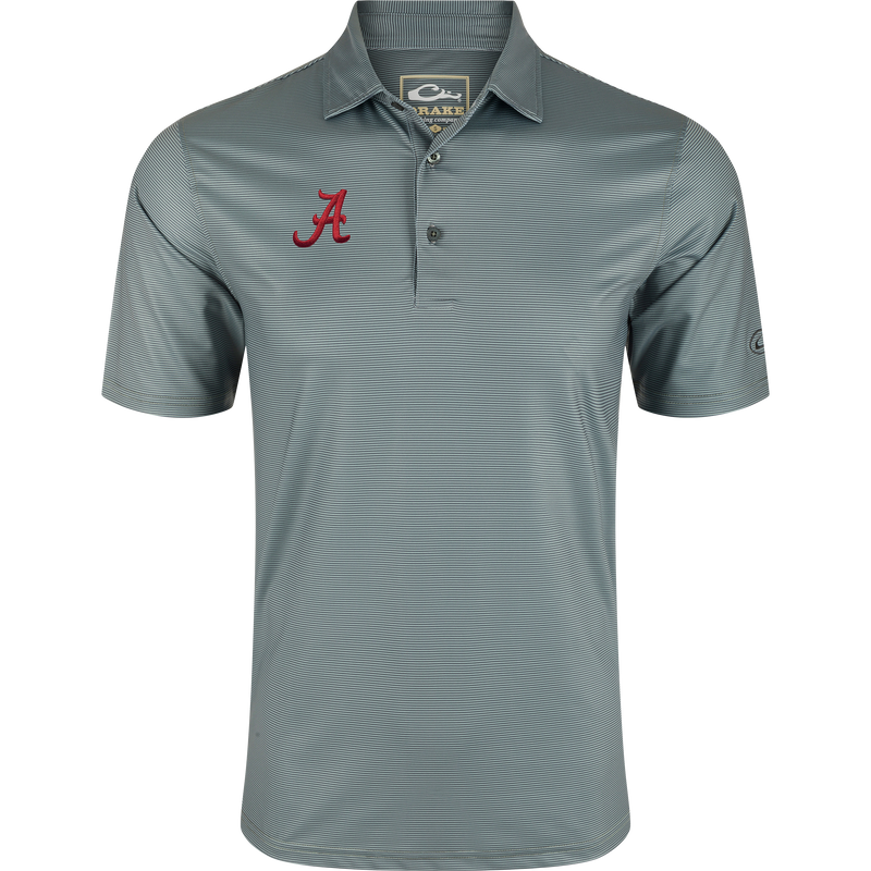 Men’s Alabama Chalk Stripe Polo with a three-button placket, fold-over collar, and crimson embroidered A logo, featuring performance fabric and moisture-wicking properties.