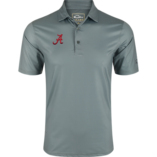 Men’s Alabama Chalk Stripe Polo with a three-button placket, fold-over collar, and crimson embroidered A logo, featuring performance fabric and moisture-wicking properties.