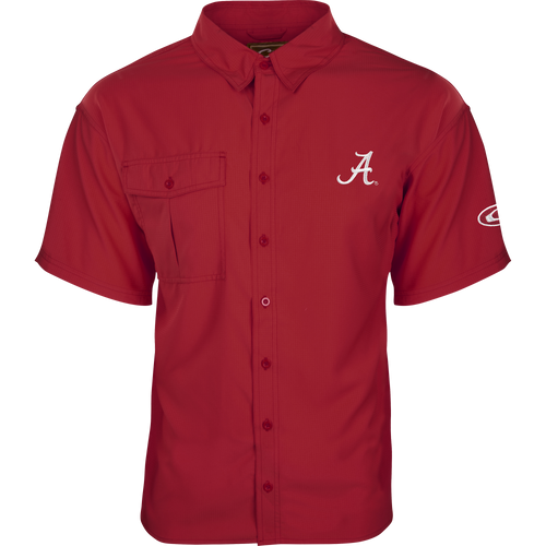 A close-up of the Alabama Flyweight™ Shirt S/S, featuring a white letter logo on a red shirt. Lightweight and breathable, perfect for warm-weather outdoor activities. Quick-drying polyester fabric with UPF 50+ sun protection. Vented mesh back and vertical chest pocket.