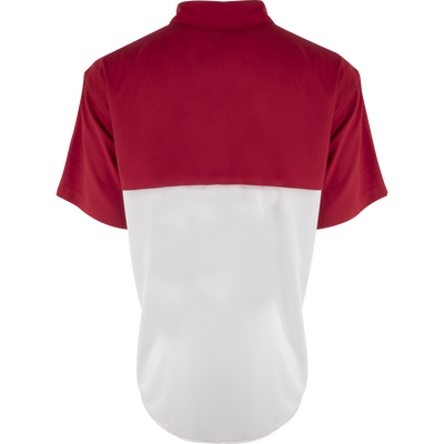 Alabama S/S Mesh Back Flyweight Shirt, featuring a breathable two-tone design with red yoke and white body, ideal for warm-weather outdoor activities.