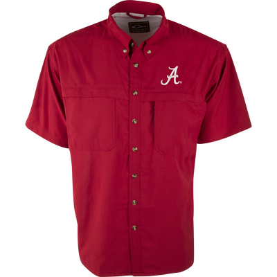 Alabama S/S Mesh Back Flyweight Shirt featuring an embroidered Alabama logo, button-down front, two chest pockets, and vented mesh back for breathability.