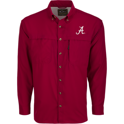 Alabama L/S Mesh Back Flyweight Shirt by Drake Clothing Co., featuring a white embroidered A logo, two Velcro chest pockets, and mesh back for breathability.