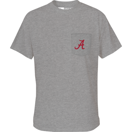 Alabama Beach T-Shirt: Grey tee with school logo on front chest pocket and beach scene on back. Cotton/poly blend for comfort.