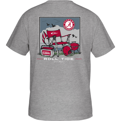 Alabama Beach T-Shirt: Grey tee with a picnic table and flag graphic on the back, and a red and white logo on the front chest pocket.
