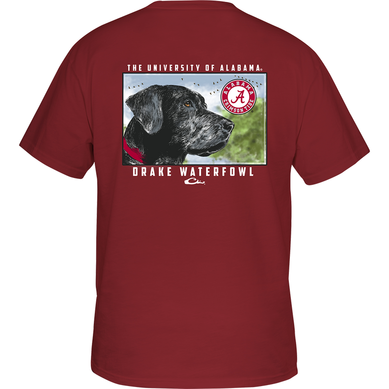Alabama Black Lab T-Shirt: Back of red shirt with black lab head scene, school logo, and 