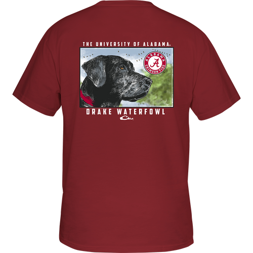 Alabama Black Lab T-Shirt: Back of red shirt with black lab head scene, school logo, and 