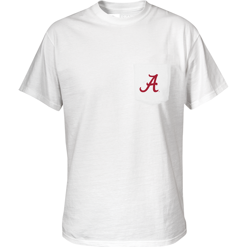 Alabama Saturdays T-Shirt: White shirt with a logo on the chest pocket and stylized text on the back. Perfect for football fans.