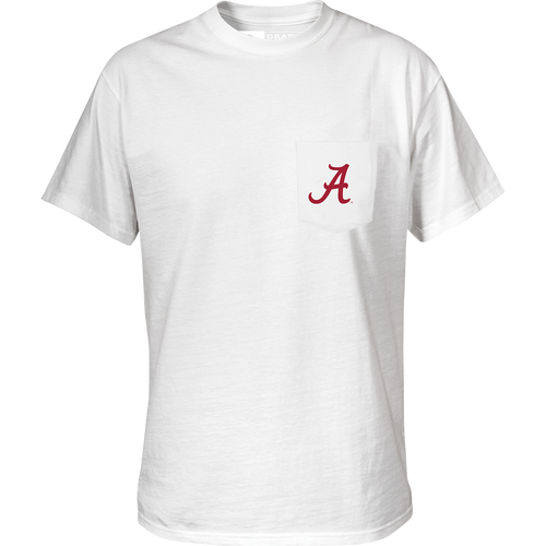 Alabama Saturdays T-Shirt: White shirt with a logo on the chest pocket and stylized text on the back. Perfect for football fans.