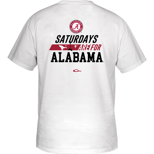Alabama Saturdays T-Shirt: Back of white shirt with stylized logo saying 