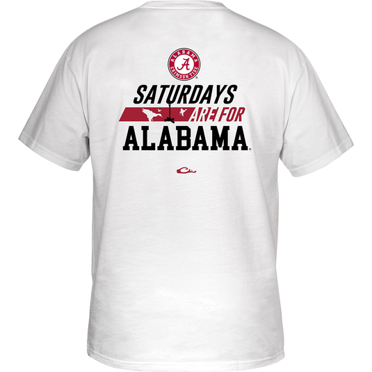 Alabama Saturdays T-Shirt: Back of white shirt with stylized logo saying "Saturdays are for" in school colors and logo. Front features school logo on chest pocket.