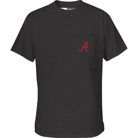 Alabama Cupped Up T-Shirt: A black shirt with a red letter logo on the chest pocket. Back artwork features a cupped up duck scene with the school's logo and catch phrase.