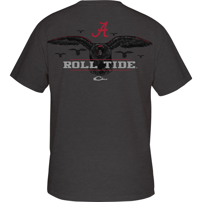Alabama Cupped Up T-Shirt: Back artwork of a duck ready to land, surrounded by other ducks, with school logo and catch phrase. Front features school logo on chest pocket. Cotton/poly blend fabric. Tag-less neck label for comfort.
