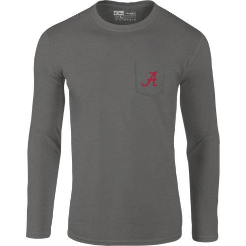 Alabama Sportsman T-Shirt: A long-sleeved tee with a stylized scene showcasing items used on Saturdays in the South, featuring your school's logo on the chest pocket.