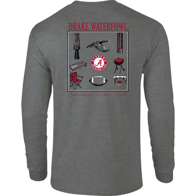 Alabama Sportsman T-Shirt: Grey long sleeve tee with stylized scene showcasing items used on Saturdays in the South, featuring your school's logo on the chest pocket. Back artwork with school's logo. Cotton/poly blend fabric. Tag-less neck label for comfort.