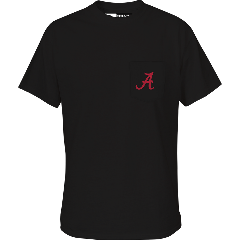 Alabama Drake Badge T-Shirt featuring a red letter on a black shirt with a pocket on the front.