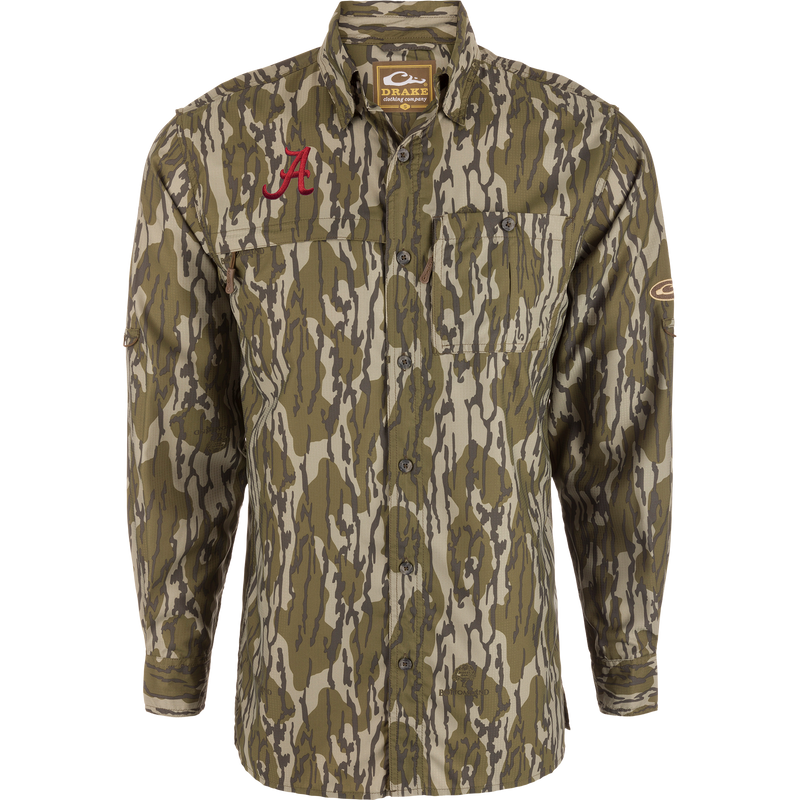 Alabama 8-Shot Long Sleeve Shirt with woodland camo pattern, features Alabama logo, dual chest pockets, and vented back. Ideal for hunting with UPF 30 protection.