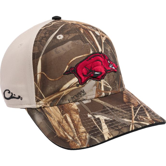 Arkansas Max-7 Twill Cap in Realtree Max 7 Camo pattern. Structured trucker cap with 3D embroidered college logo, X-Peak visor, and adjustable closure. From Drake Waterfowl's Collegiate Series.