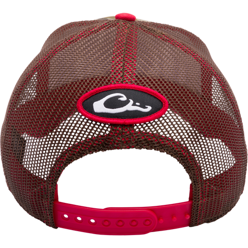 Arkansas Bottomland Mesh Back Cap featuring Mossy Oak Bottomland Camo pattern. Structured twill front, mesh back, X-Peak visor, 3D logo embroidery, adjustable snap-back closure. Ideal for hunting and outdoor enthusiasts.